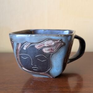 MARA STONEWARE Faces RARE * Square Coffee Mug Ceramic Painted VTG Signed  Mexico